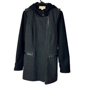 Michael Kors Coat Wool Plaid Asymmetrical Zip Hooded Neutral Preppy Black Gray 4